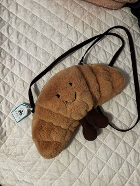 Jellycat Tan Croissant Plush Crossbody Bag with Dark Brown Strap